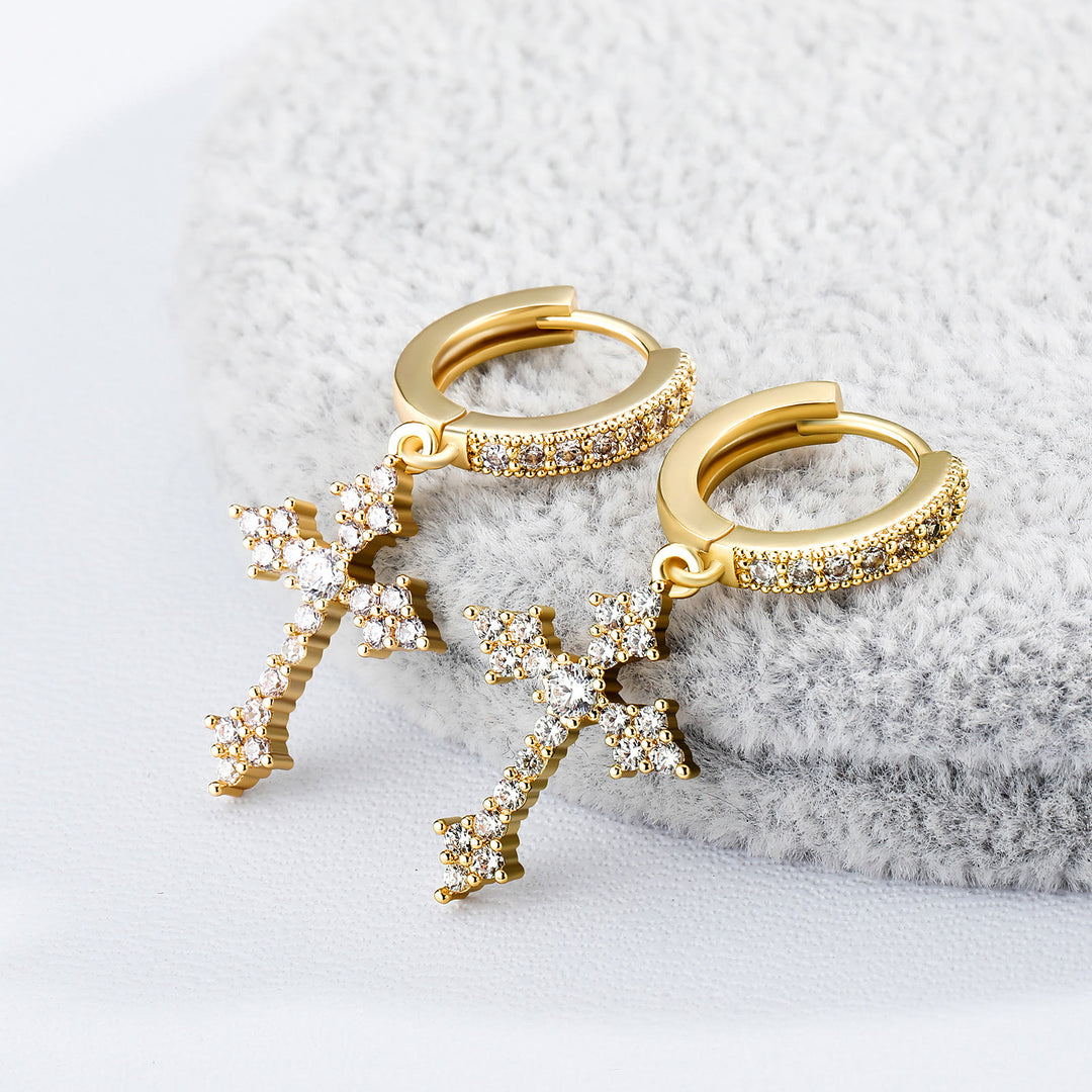 Christianartworkshop Sparkling Stone-Clustered Cross Charm Earrings: Token of Sacred Redemptive Love - Golden - image 3