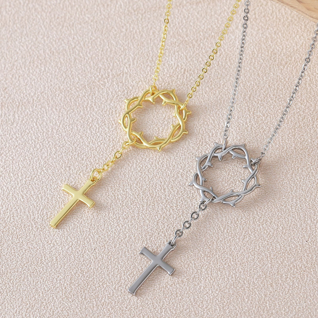 Christianartworkshop Crown of Thorns Lariat Necklace with Polished Cross: Emblem of Sacred Redemptive Grace - image 0