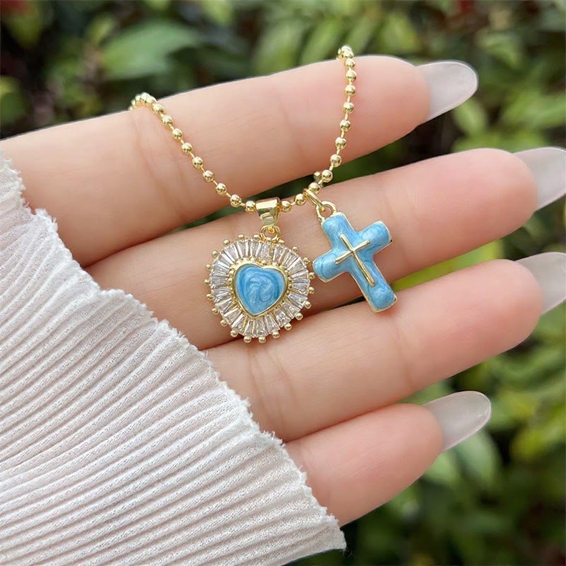 Christianartworkshop Enamel Heart & Cross Dual Charm Ball Chain Necklace: Emblem of Tender Heavenly Mercy - Sky Blue - image 4