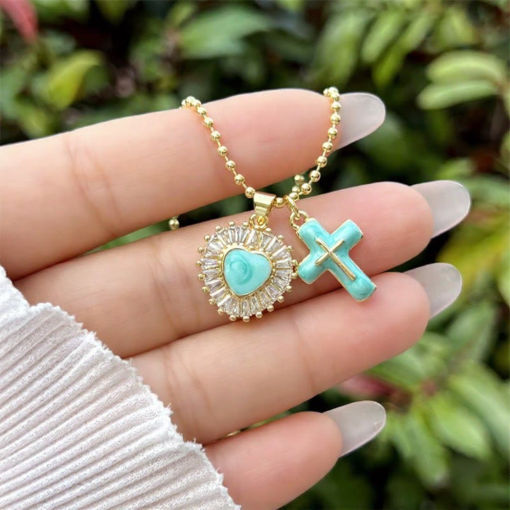 Christianartworkshop Enamel Heart & Cross Dual Charm Ball Chain Necklace: Emblem of Tender Heavenly Mercy - Mint - image 2