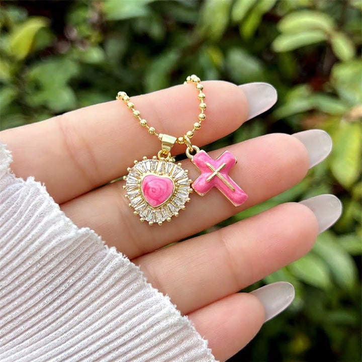Christianartworkshop Enamel Heart & Cross Dual Charm Ball Chain Necklace: Emblem of Tender Heavenly Mercy - Rose - image 3