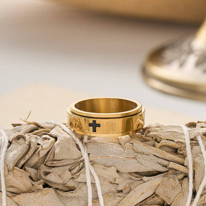 Christianartworkshop Engraved Cross Rotatable Anxiety Relief Band Ring: Emblem of Steady Heavenly Guidance - Golden - US 12 - image 0