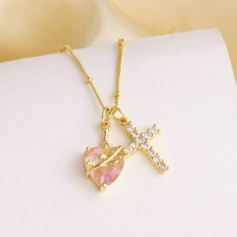 Christianartworkshop Dual Charm Sacred Heart & Pavé Cross Necklace: Emblem of Boundless Heavenly Compassion - Star Engraved Thorn - image 5
