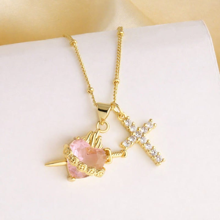 Christianartworkshop Dual Charm Sacred Heart & Pavé Cross Necklace: Emblem of Boundless Heavenly Compassion - Sword Pierced - image 4