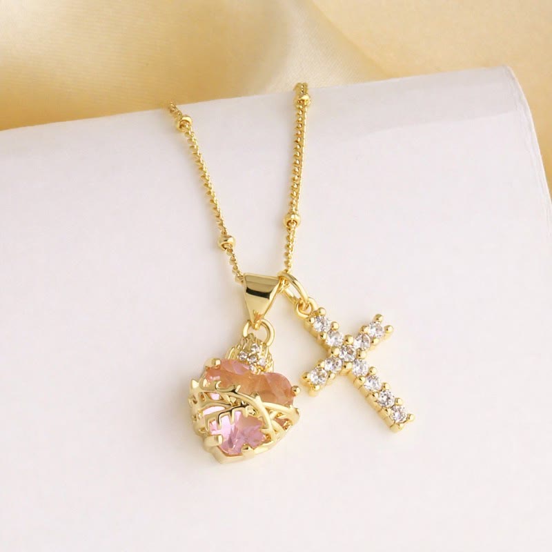 Christianartworkshop Dual Charm Sacred Heart & Pavé Cross Necklace: Emblem of Boundless Heavenly Compassion - Vine Wrapped - image 6