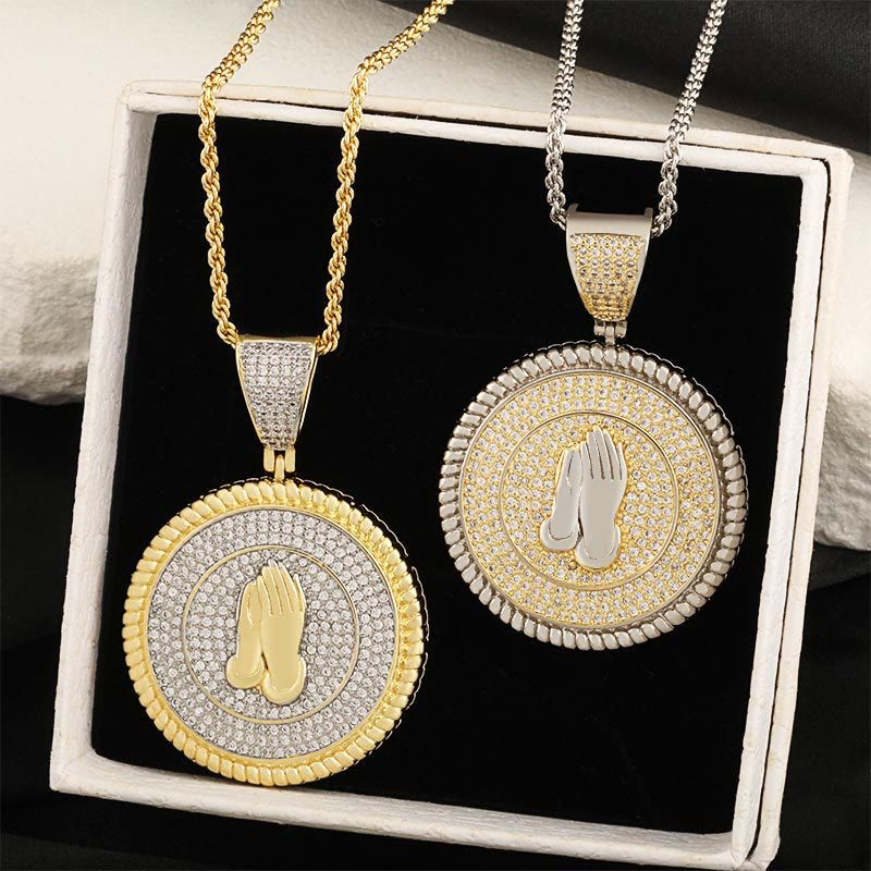 Christianartworkshop Iced Praying Hands Round Medallion Necklace: Emblem of Sincere Heavenly Supplication - White+Twist Chain - image 3