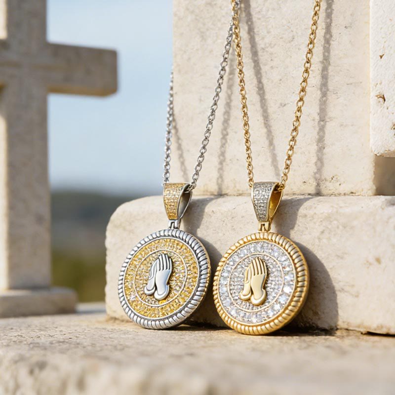 Christianartworkshop Iced Praying Hands Round Medallion Necklace: Emblem of Sincere Heavenly Supplication - Golden+O Chain - image 1