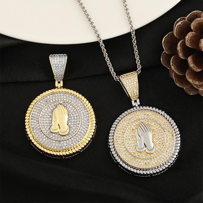 Christianartworkshop Iced Praying Hands Round Medallion Necklace: Emblem of Sincere Heavenly Supplication - White+O Chain - image 4