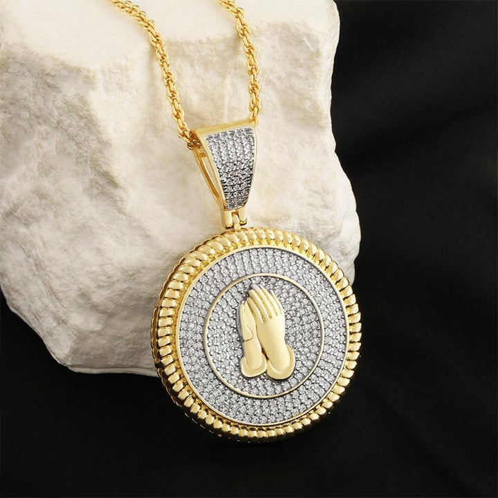 Christianartworkshop Iced Praying Hands Round Medallion Necklace: Emblem of Sincere Heavenly Supplication - image 2