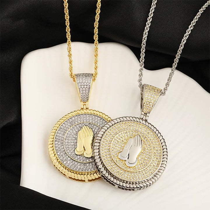 Christianartworkshop Iced Praying Hands Round Medallion Necklace: Emblem of Sincere Heavenly Supplication - image 5