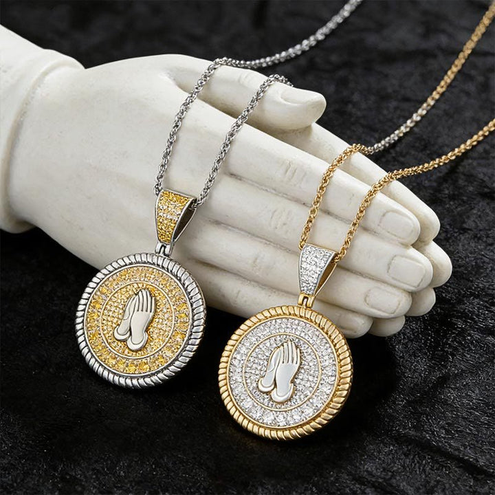 Christianartworkshop Iced Praying Hands Round Medallion Necklace: Emblem of Sincere Heavenly Supplication - image 6
