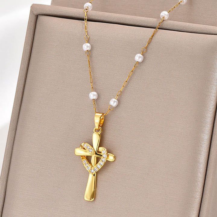 Christianartworkshop Pearl Station Chain Pavé Heart Wrapped Cross Necklace: Emblem of Wholehearted Heavenly Affection - image 2