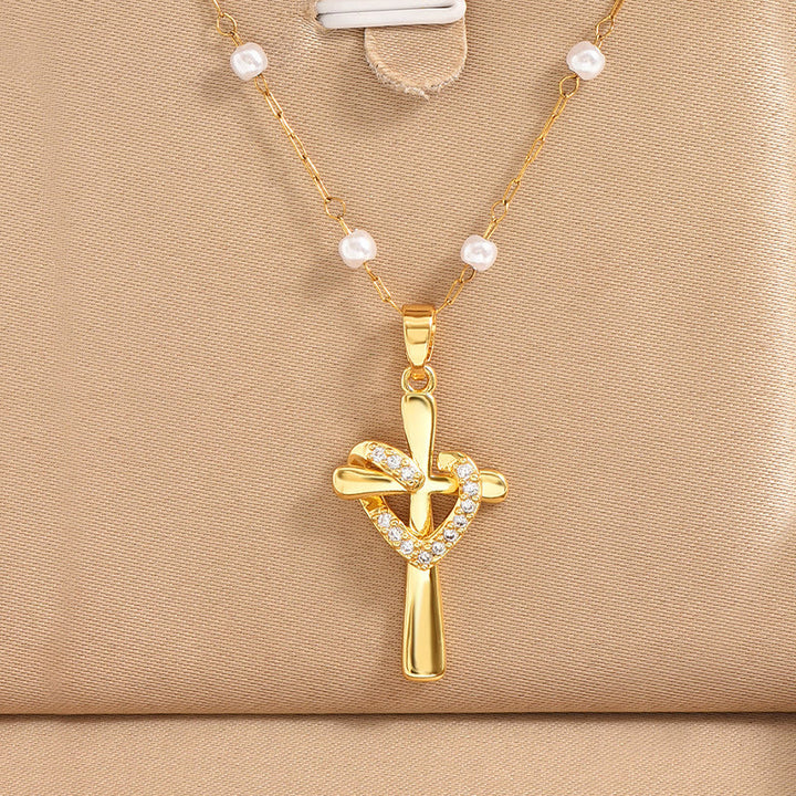 Christianartworkshop Pearl Station Chain Pavé Heart Wrapped Cross Necklace: Emblem of Wholehearted Heavenly Affection - image 3