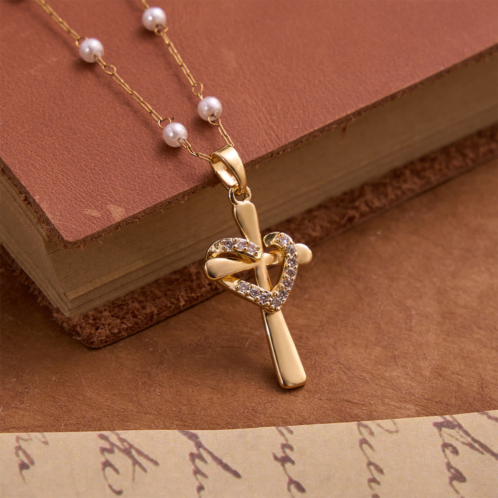 Christianartworkshop Pearl Station Chain Pavé Heart Wrapped Cross Necklace: Emblem of Wholehearted Heavenly Affection - Cross - image 0