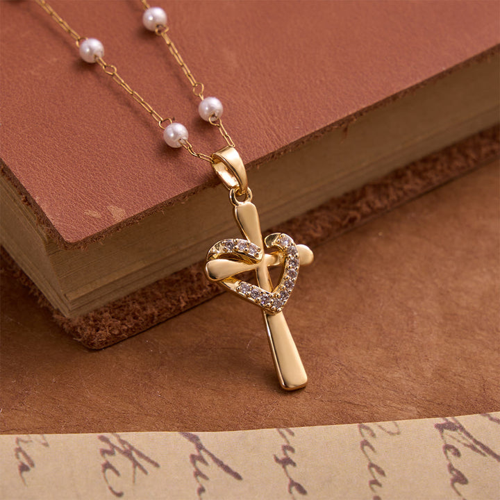 Christianartworkshop Pearl Station Chain Pavé Heart Wrapped Cross Necklace: Emblem of Wholehearted Heavenly Affection - Cross - image 0