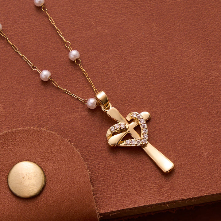 Christianartworkshop Pearl Station Chain Pavé Heart Wrapped Cross Necklace: Emblem of Wholehearted Heavenly Affection - image 4