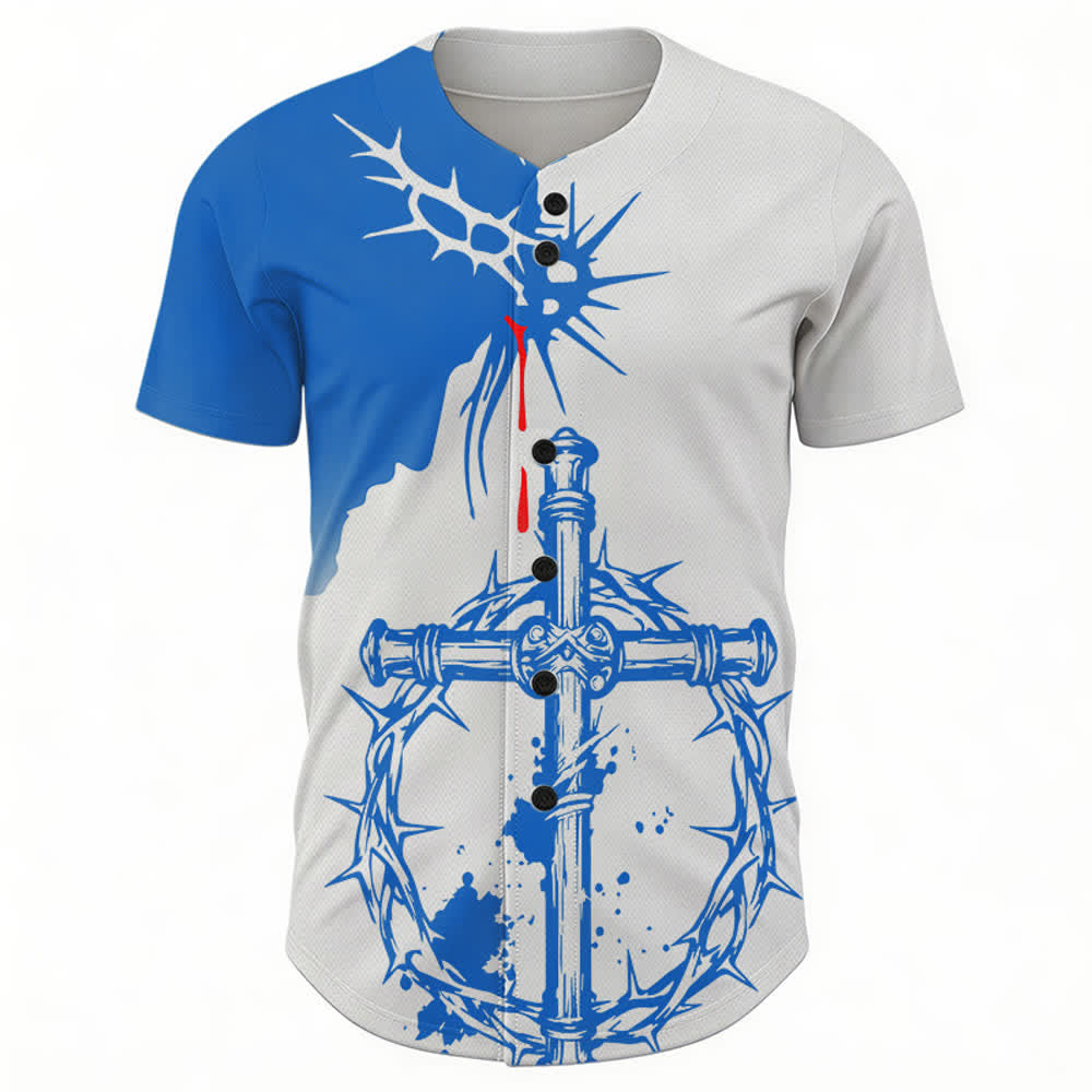 Christianartworkshop Two-Tone White Blue Thorn Wrapped Cross Faith Unisex Baseball Jersey - image 1