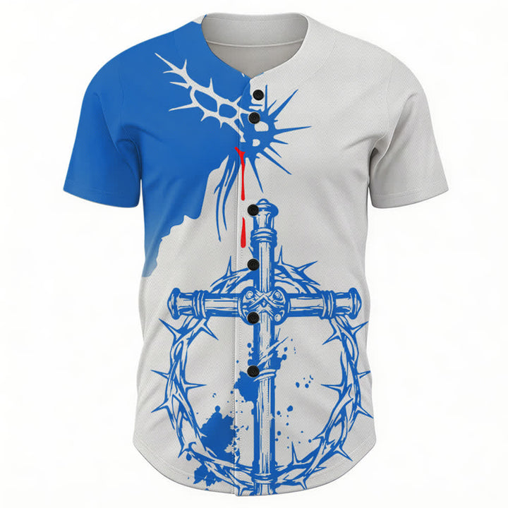 Christianartworkshop Two-Tone White Blue Thorn Wrapped Cross Faith Unisex Baseball Jersey - image 1