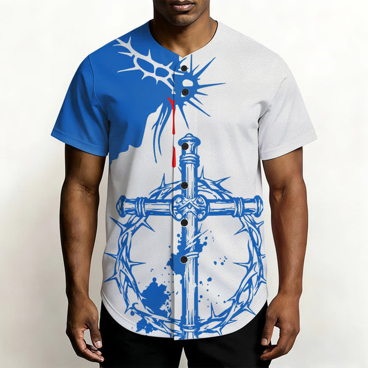 Christianartworkshop Two-Tone White Blue Thorn Wrapped Cross Faith Unisex Baseball Jersey - image 3