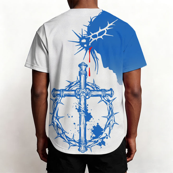 Christianartworkshop Two-Tone White Blue Thorn Wrapped Cross Faith Unisex Baseball Jersey - image 4