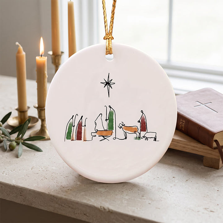 Christianartworkshop Minimalist Line Art Nativity Ceramic Hanging Ornament: Emblem of Humble Heavenly Hope - image 1