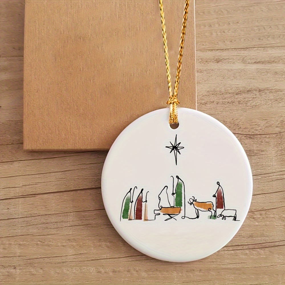 Christianartworkshop Minimalist Line Art Nativity Ceramic Hanging Ornament: Emblem of Humble Heavenly Hope - Jesus - image 0