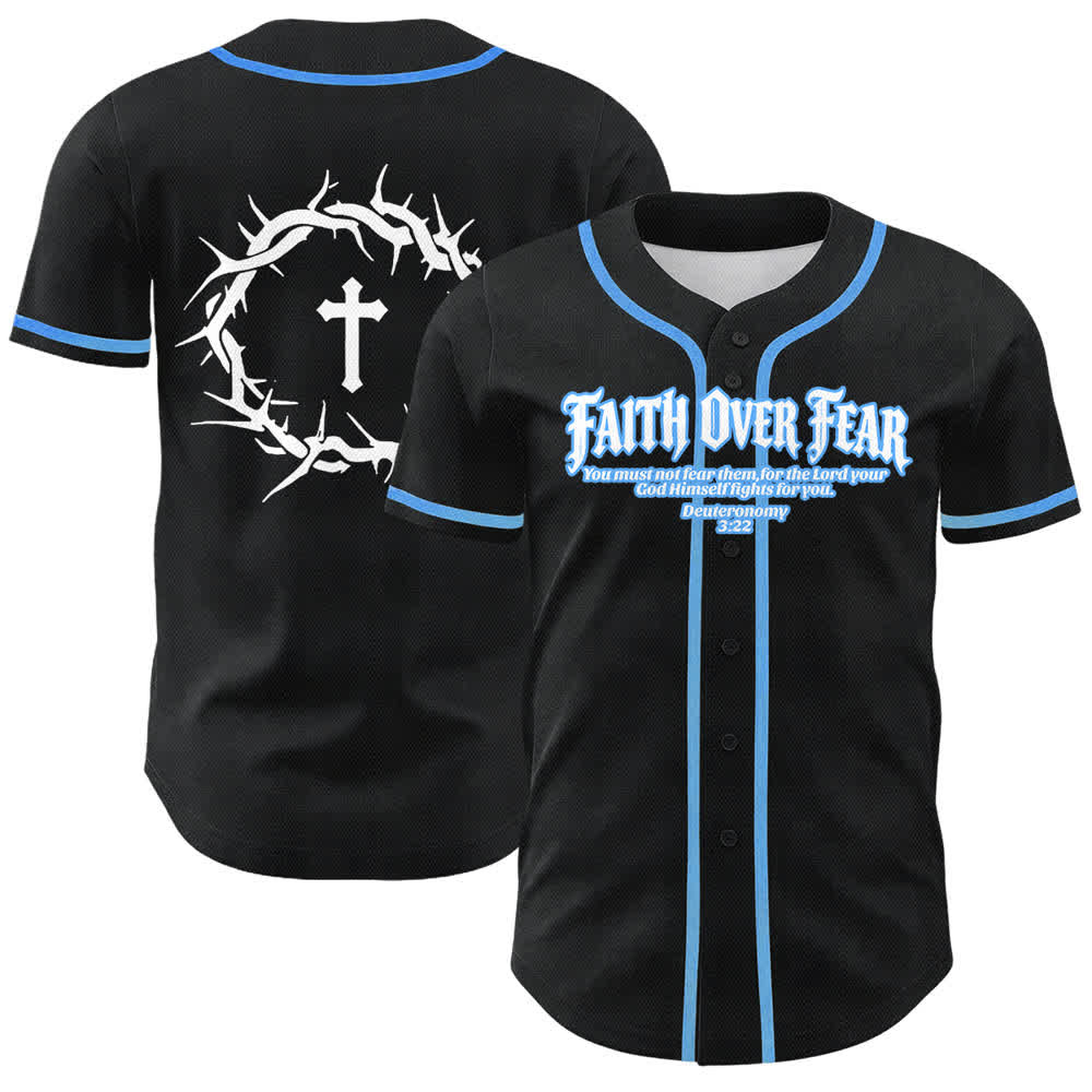 Christianartworkshop Faith Over Fear Crown Of Thorns Cross Scripture Graphic Unisex Baseball Jersey - Sky Blue - 5XL - image 15