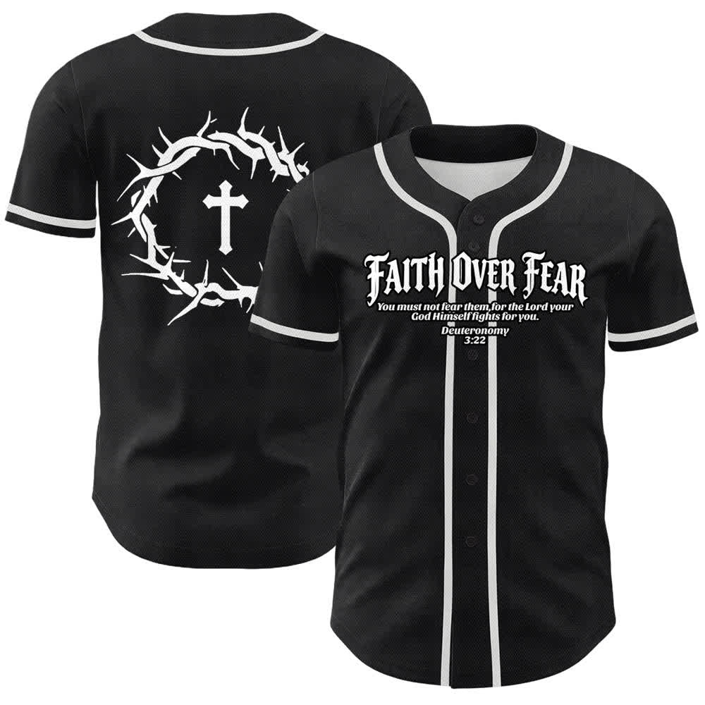 Christianartworkshop Faith Over Fear Crown Of Thorns Cross Scripture Graphic Unisex Baseball Jersey - White - 5XL - image 3