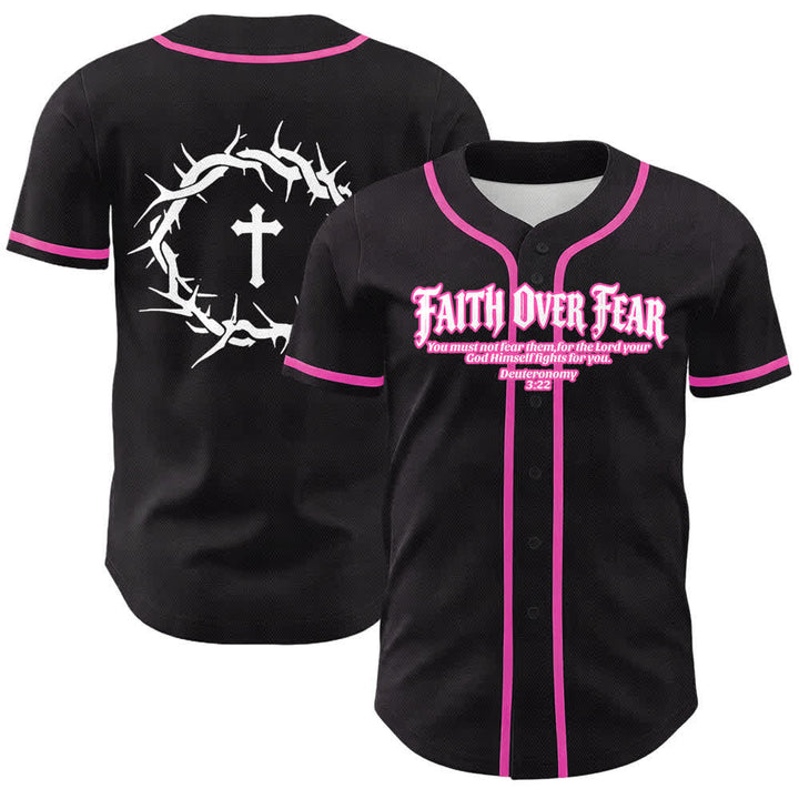 Christianartworkshop Faith Over Fear Crown Of Thorns Cross Scripture Graphic Unisex Baseball Jersey - Pink - 5XL - image 18