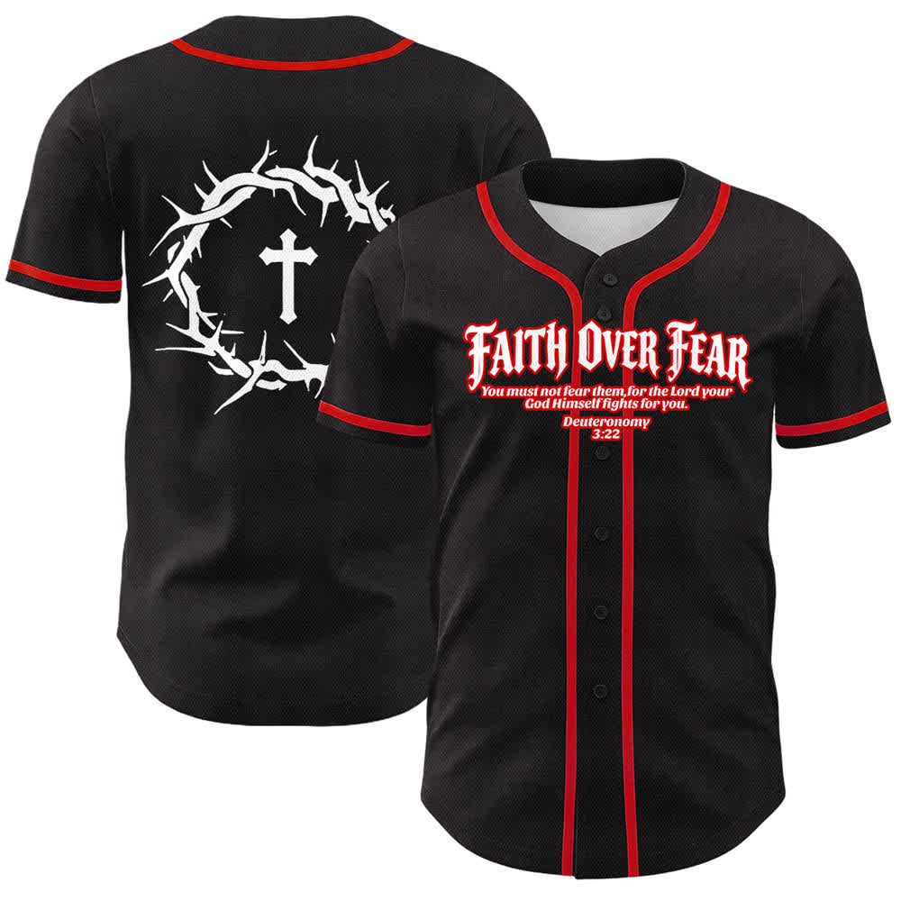 Christianartworkshop Faith Over Fear Crown Of Thorns Cross Scripture Graphic Unisex Baseball Jersey - Red - 5XL - image 6