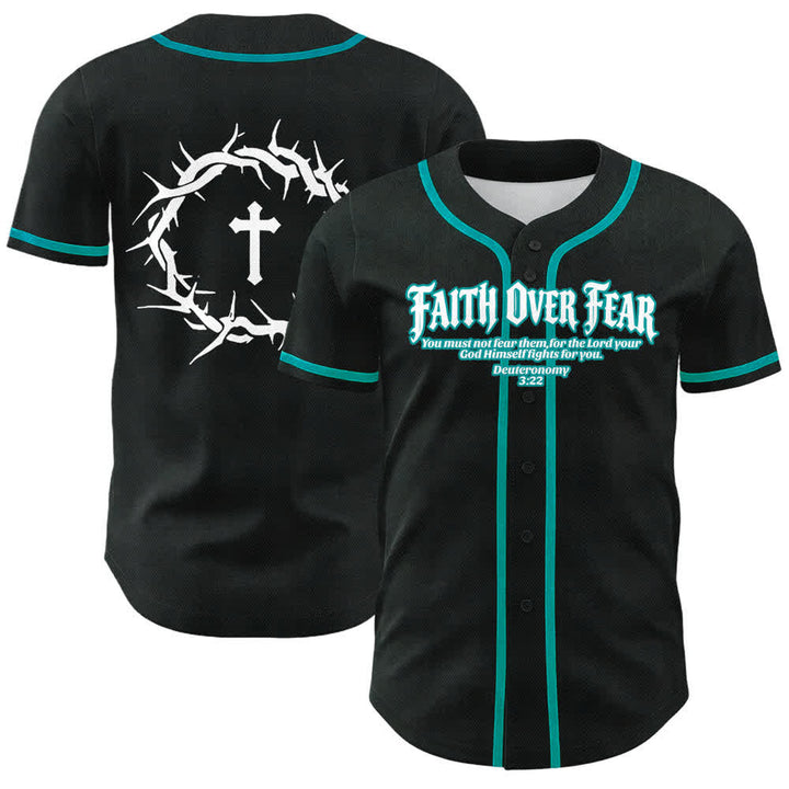 Christianartworkshop Faith Over Fear Crown Of Thorns Cross Scripture Graphic Unisex Baseball Jersey - Lake Blue - 5XL - image 12