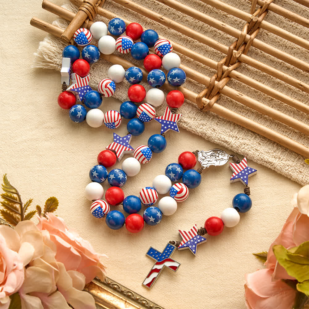 Christianartworkshop Two-Style Patriotic American Flag Cross Rosary with Red White Blue Stars & Stripes Beads - image 12