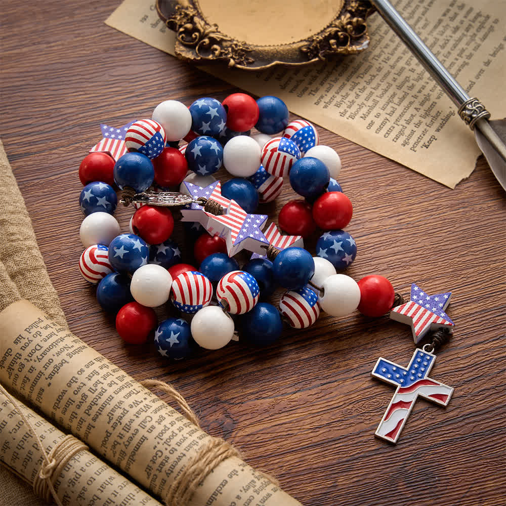 Christianartworkshop Two-Style Patriotic American Flag Cross Rosary with Red White Blue Stars & Stripes Beads - image 13