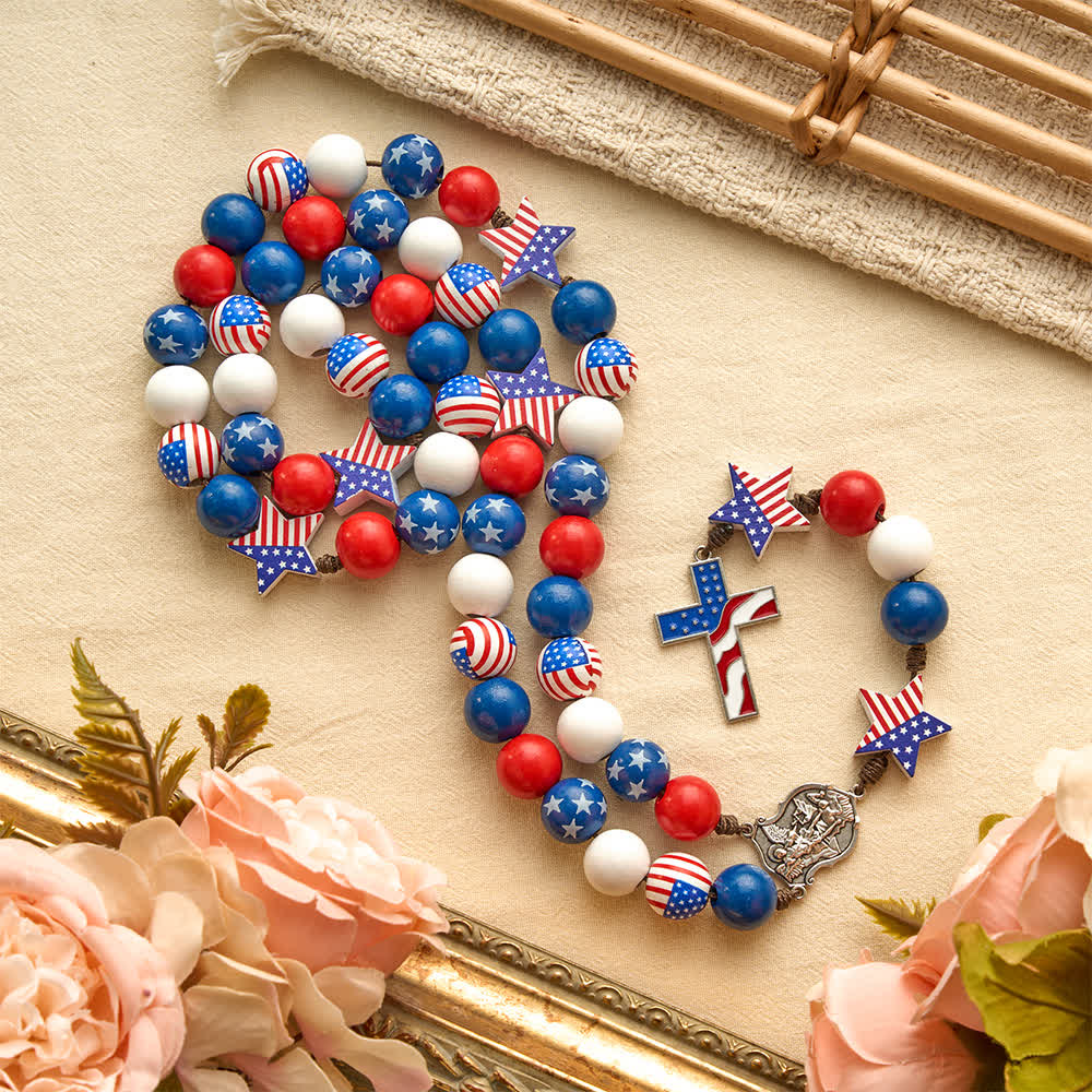 Christianartworkshop Two-Style Patriotic American Flag Cross Rosary with Red White Blue Stars & Stripes Beads - image 10