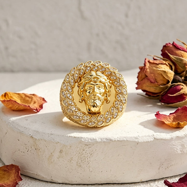 Christianartworkshop Iced Pave Halo Sculpted Portrait Statement Ring: Emblem of Enduring Heavenly Compassion - image 6