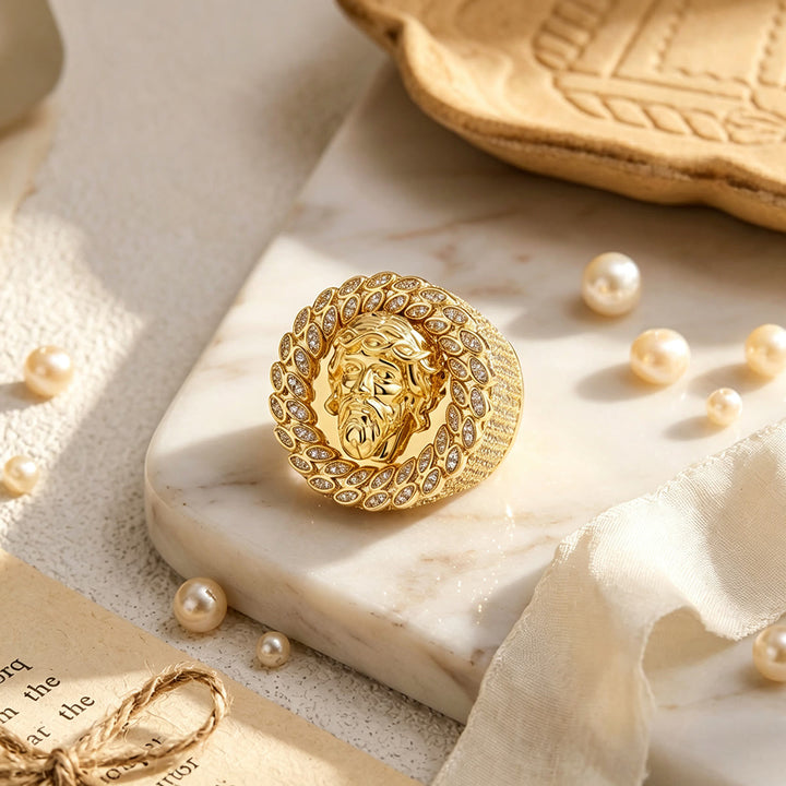 Christianartworkshop Iced Pave Halo Sculpted Portrait Statement Ring: Emblem of Enduring Heavenly Compassion - image 7