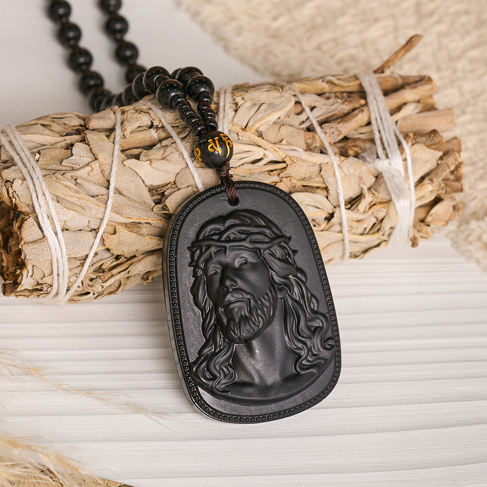 FREE Today: Relief‑Molded Holy Portrait Beaded Necklace: Token of Serene Divine Solace for Daily Devotion - Black - Jesus - image 0