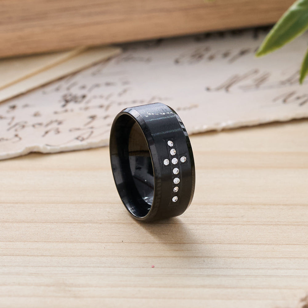 Christianartworkshop Sleek Wide Band Jeweled Cross Ring: Token of Calming Divine Guidance - Black - US 13 - image 1