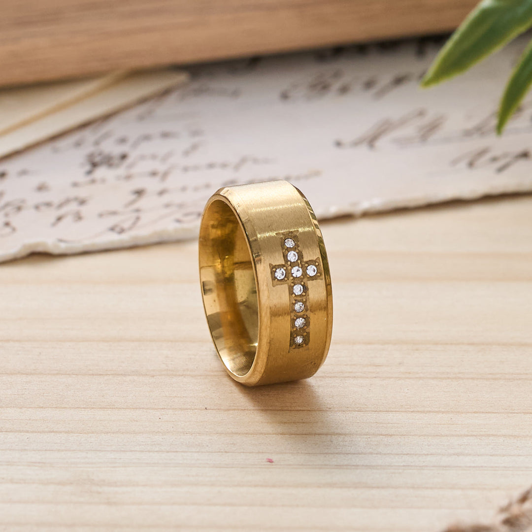 Christianartworkshop Sleek Wide Band Jeweled Cross Ring: Token of Calming Divine Guidance - Golden - US 13 - image 4