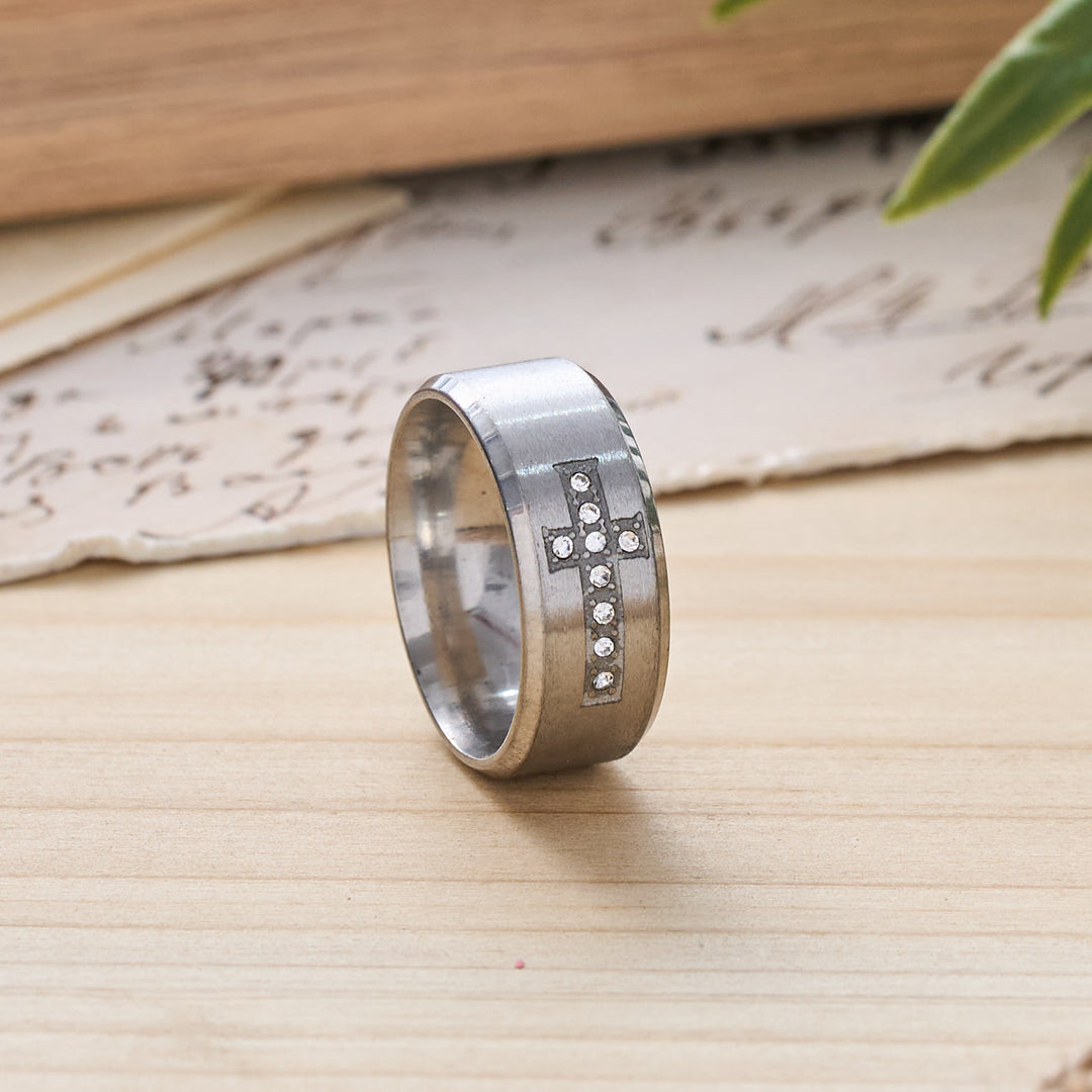 FREE Today: Sleek Wide Band Jeweled Cross Ring: Token of Calming Divine Guidance - Silver - US 13 - image 7