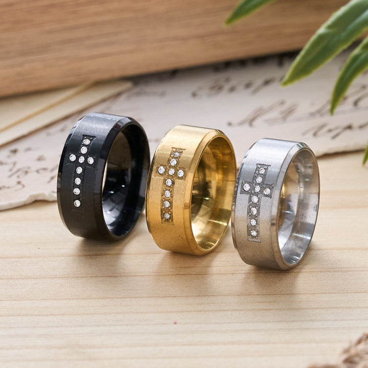 Christianartworkshop Sleek Wide Band Jeweled Cross Ring: Token of Calming Divine Guidance - image 0