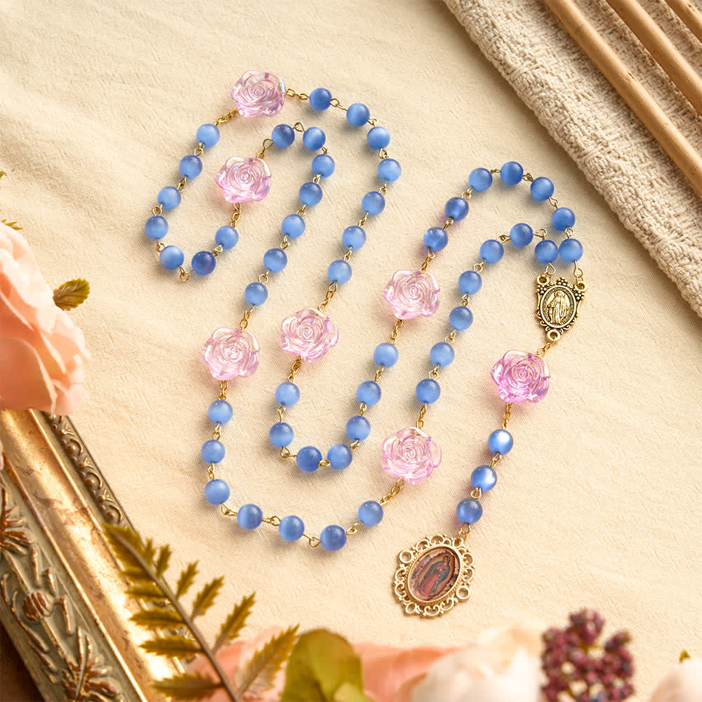 Christianartworkshop Blue Cat’s Eye Rose Rosary With Our Lady Medal: Token of Gentle Heavenly Mercy - Blue Cat's Eyes Seven Sorrow Rosary - image 0