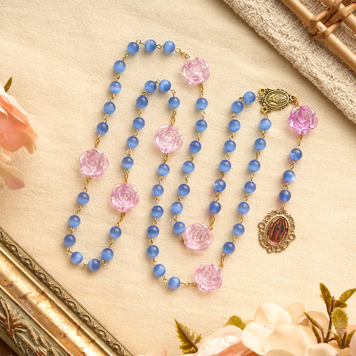 Christianartworkshop Blue Cat’s Eye Rose Rosary With Our Lady Medal: Token of Gentle Heavenly Mercy - image 4