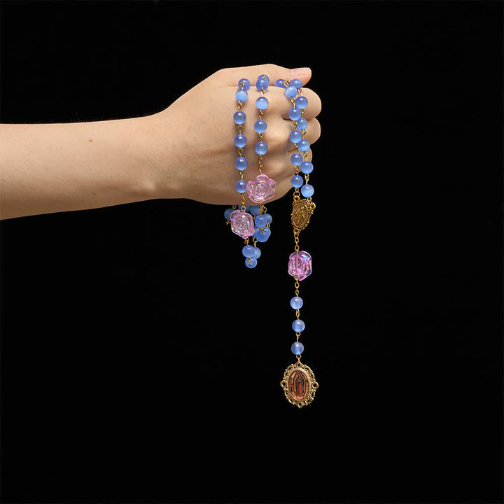 Christianartworkshop Blue Cat’s Eye Rose Rosary With Our Lady Medal: Token of Gentle Heavenly Mercy - image 1