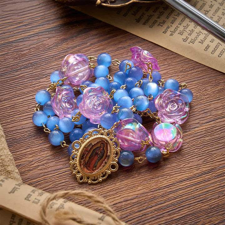 Christianartworkshop Blue Cat’s Eye Rose Rosary With Our Lady Medal: Token of Gentle Heavenly Mercy - image 3