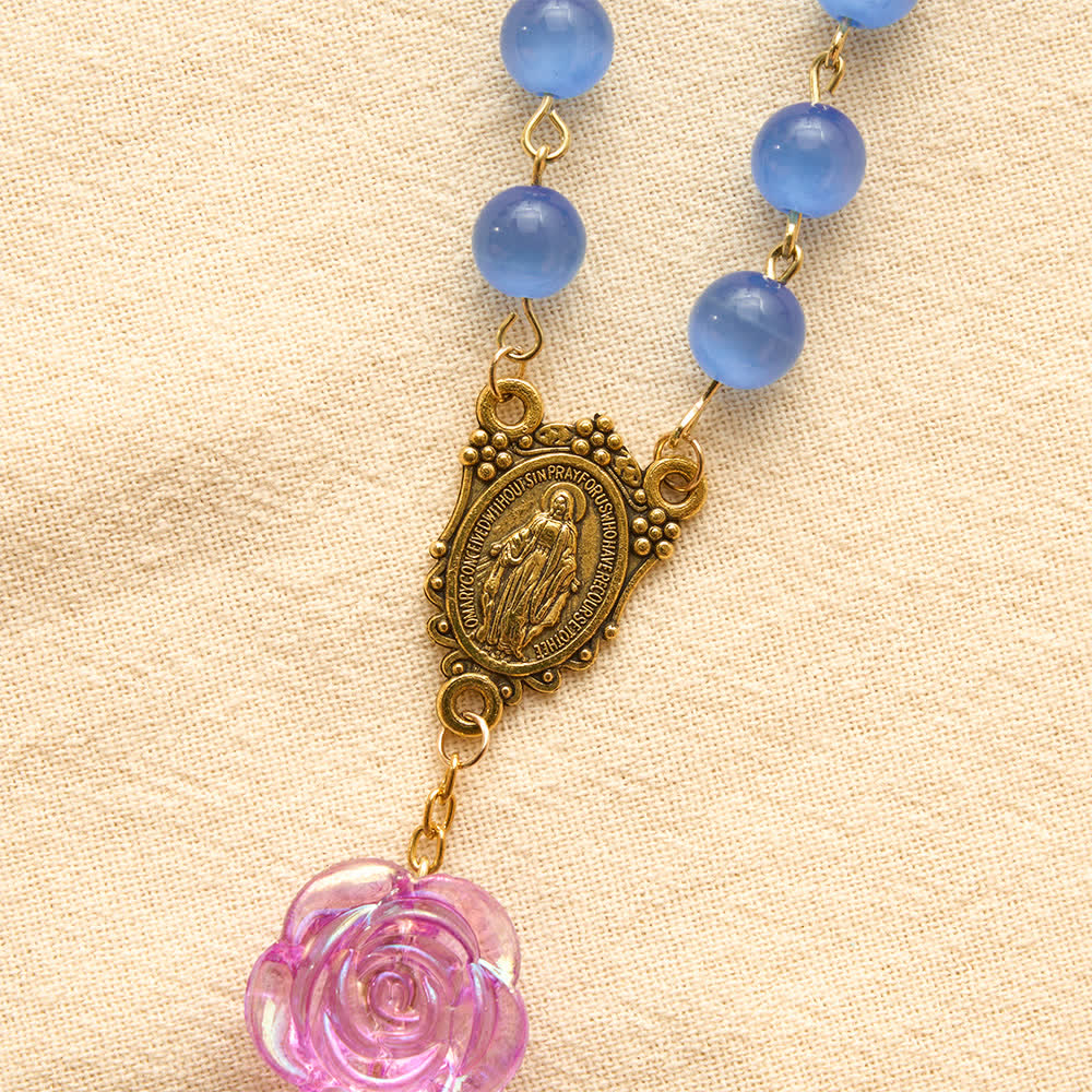 Christianartworkshop Blue Cat’s Eye Rose Rosary With Our Lady Medal: Token of Gentle Heavenly Mercy - image 7