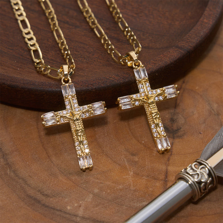 Christianartworkshop Baguette Crystal Crucifix Figaro Chain Necklace: Emblem of Everlasting Divine Mercy - Crucifix - image 0