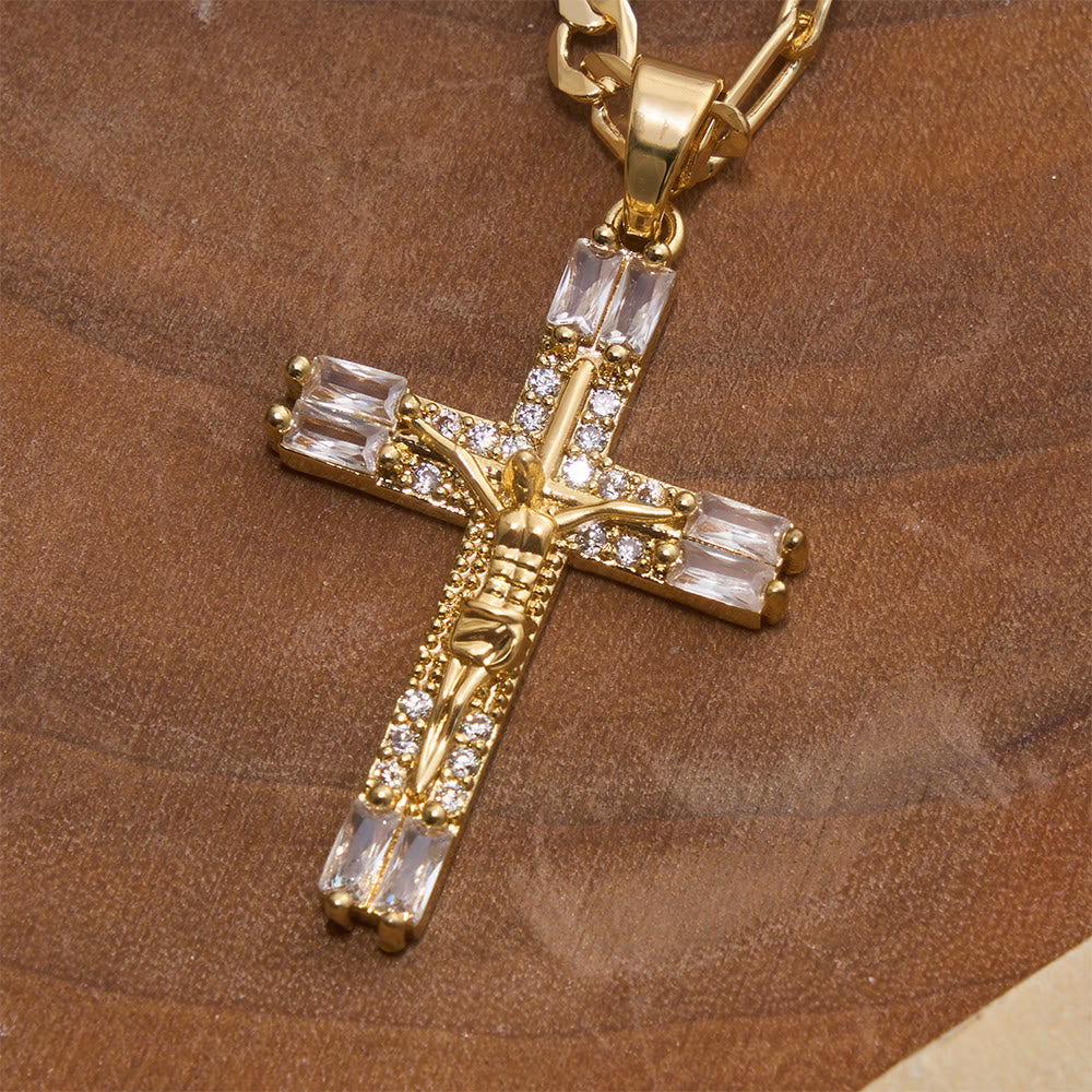 Christianartworkshop Baguette Crystal Crucifix Figaro Chain Necklace: Emblem of Everlasting Divine Mercy - image 4