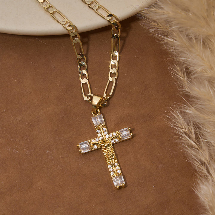 Christianartworkshop Baguette Crystal Crucifix Figaro Chain Necklace: Emblem of Everlasting Divine Mercy - image 3