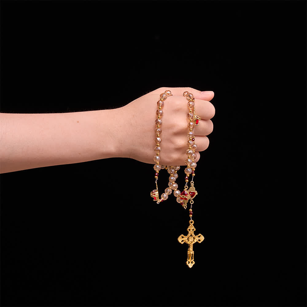 Christianartworkshop Champagne Faceted Glass Rosary With Sacred Heart Charms: Emblem of Enduring Divine Love - image 1